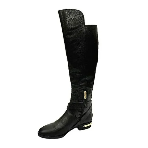 Vince Camuto Knee-High Black Leather Boots Gold Hardware Size 5M Zip - Picture 2 of 10